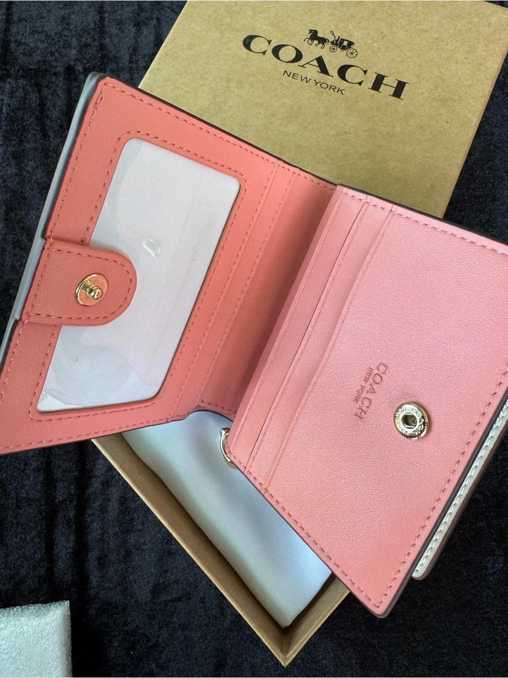 COACH Pink Floral Signature Compact Wallet in Cream